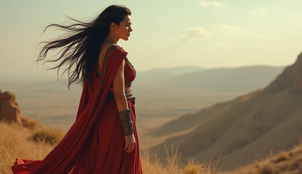 A beautiful Persian warrior woman, full hd, best quality, 1 girl, solo, beautiful, shapely, big hips, big breasts, big ass, thick legs, innocent, pure, delicate, proportional body, perfect body figure, cold face, long hair flying in the wind, Photos with depth, wind, (masterpiece), full hd, best quality, from the back, observing the landscape, perfect face, 1 girl, solo, Portrait of an ancient Persian warrior.