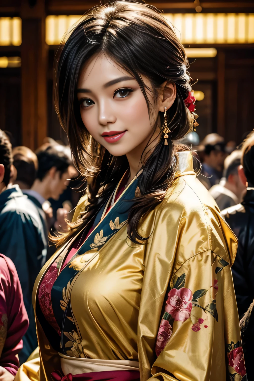 sfw, Beautiful Asian woman with a flirtatious smile, Super busty Ronin wearing a gold lace kimono, Meiji Restoration, blue eyes, focused on the audience, Jimbo's, cleavage, Drop your shoulders, hd, Uhd, WLOP, art germ, braided hairstyles, big anime eyes, realistic eyes, very detailed目, natural skin, natural skin texture, Scattered beneath the surface, calm colors, skin pores, perfect face, perfect eyes, perfect lips, supple female form, Brilliant, cinematic, film light, very detailed, surreal, masterpiece, in the atmosphere, High resolution, lively, high contrast, dark angle, 8k, hdR, 500 pixels, view from above, half body portrait, wearing bra,((skinny waist)), young asian girl, ((big breasted)),