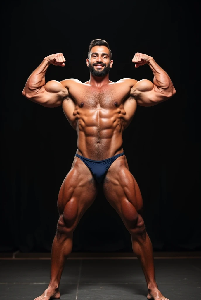 a Brazilian mixed race man with short hair, bearded face, full beard, navy blue bikini, bulge, linea alba, posing on a stage with his arms up and a smile on his face, a portrait by Byron Galvez, featured on instagram, Baroque, body builder physique, Physicist exagerado, Physicist muscular exagerado, Mr. Universe, big fit ass, long, stark, Physicist |, corpo fitness ifbb, body builder posing, body builder, body builder body, ernest khalimov body