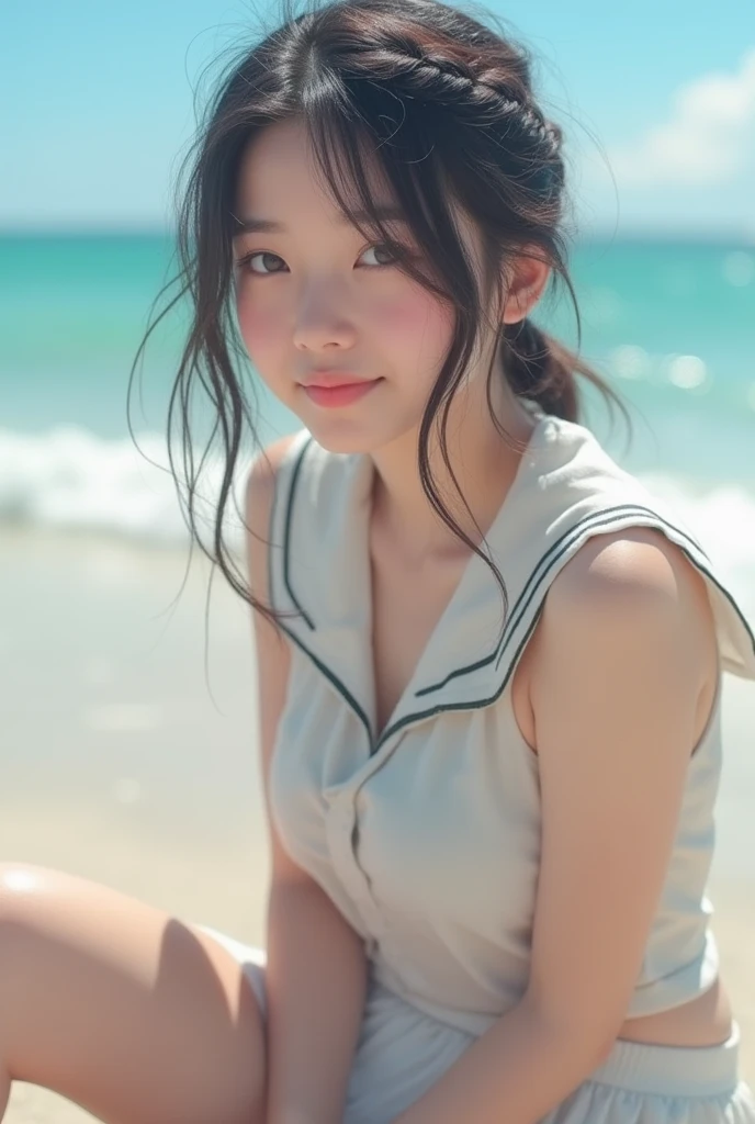 Highest quality、High resolution、Detailed Background、Realistic、RAW Photos、(Beautiful face in every detail:1.4)、Anatomically correct、(Normal number of fingers:1.2)、(Highly detailed face:1.4)、(Detailed eyes)、Japan beautiful teenage girls、Perfect body line、(Huge breasts:1.2)、ponytail、Braided bob cut、Braided long hair、Wavy Hairstyle、well-groomed eyebrows、cute仕草、Jokingly、Sleeveless white sailor suit、White sailor collar、Pleated andy beach in clear weather、barefoot、Blushing、My clothes are wet and transparent、Show your side、(Underboob:1.2)、(Panty shot:1.2)、
(Beautiful girl lying on the beach:1.5)、cute