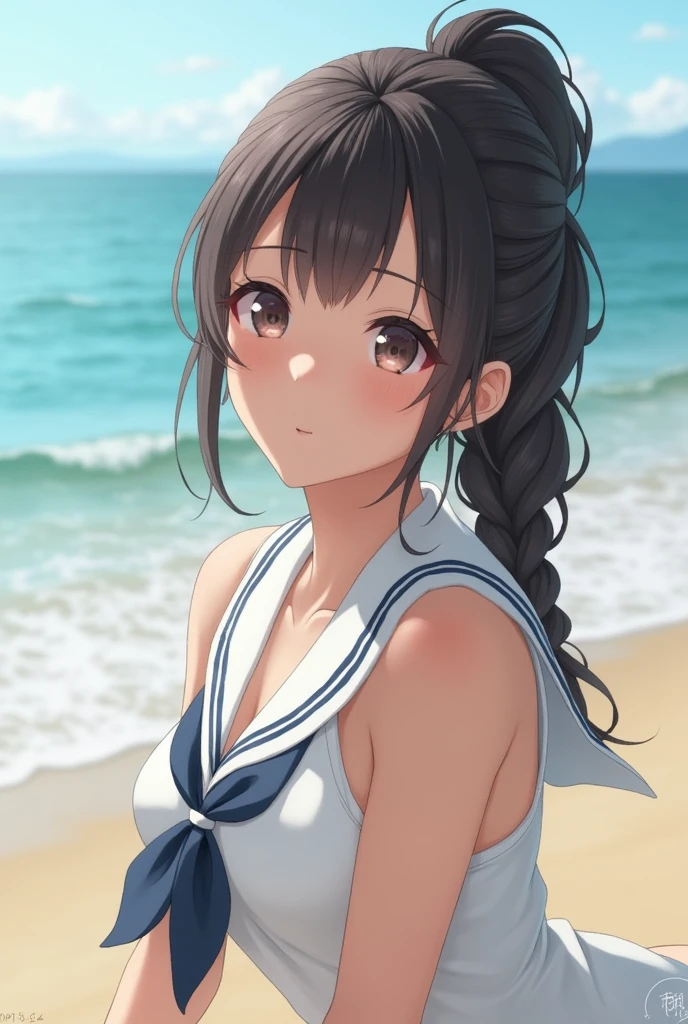 Highest quality、High resolution、Detailed Background、Realistic、RAW Photos、(Beautiful face in every detail:1.4)、Anatomically correct、(Normal number of fingers:1.2)、(Highly detailed face:1.4)、(Detailed eyes)、Japan beautiful teenage girls、Perfect body line、(Huge breasts:1.2)、ponytail、Braided bob cut、Braided long hair、Wavy Hairstyle、well-groomed eyebrows、cute仕草、Jokingly、Sleeveless white sailor suit、White sailor collar、Pleated andy beach in clear weather、barefoot、Blushing、My clothes are wet and transparent、Show your side、(Underboob:1.2)、(Panty shot:1.2)、
(Beautiful girl lying on the beach:1.5)、cute