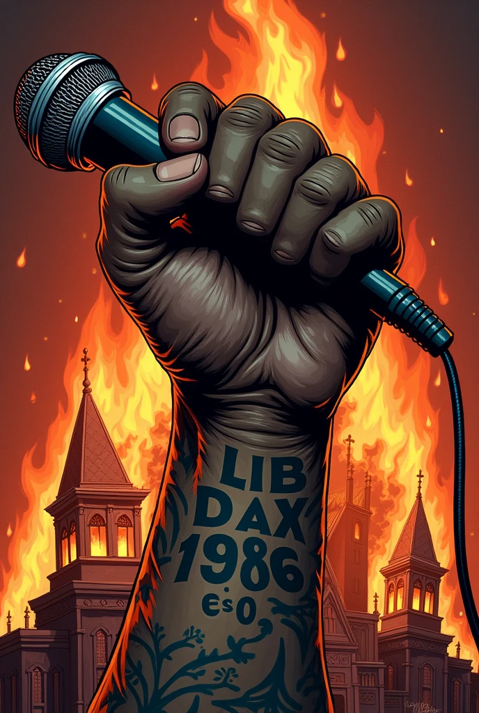 Do a hip-hop song cover art titled "INDUSTRY ADDRESS." On it there should be a muscular African hand tatted with a clearly written tattoo "Lib Dax EST 1996," holding a microphone. At the end of the microphone rope there should be a burning church.