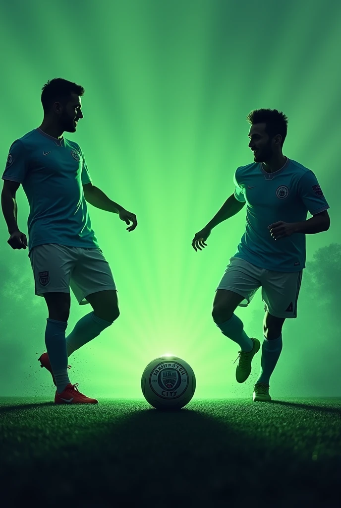 This same image has a green background with a silhouette of a player on the left side and a soccer ball with the Racing de Avellaneda vs Manchester City shield 