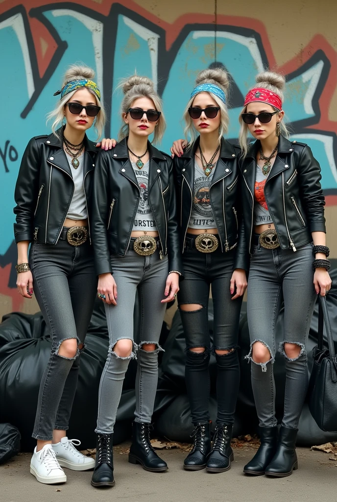 Four russian milf women, one in the foreground . All: sad faces. All grey hair (bouffant, top bun or ponytails), wearing oversized square sunglasses and wide colourful bandana as headbands), with very light green eyes, extremely pale. Big lips. No tan. Wearing aged black moto jackets (zippers on the side). Different old light grey or black t-shirts with skull and boles or rock band logos. All: dark grey or dark blue skinny low rise jeans with holes on knees ( patched with colourful fabric). Some black leather studded biker boots, some white tennis sneakers, some black Chelsea boots with heels . Lots of thick wide studded bracelets, chain collars and big rings. Tacky wide studded leather belts with big skull and bones oval buckle. Long earrings with chains and feathers. Stretching their necks, craving., Neck, chest, stomach and wrists tattoed. Toned abdominals, thin neck, slim legs and thin arms. Narrow hips and slim legs. Black leather studded tote bags. Graffitied wall behind, waste on the groun and piled garbage bags around.
