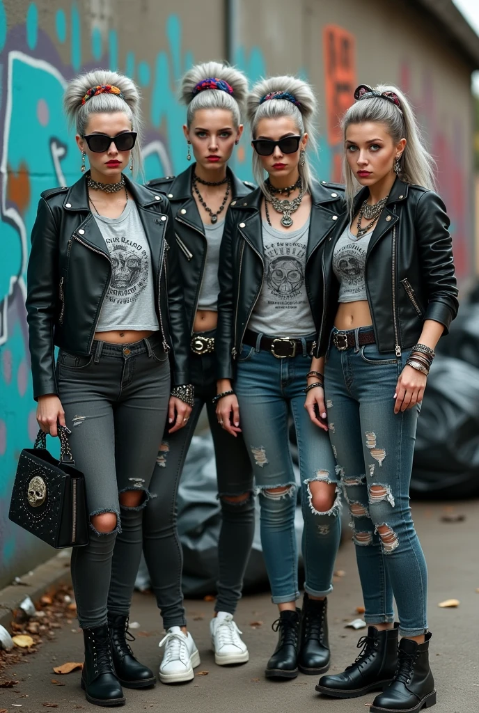 Four russian milf women, one in the foreground . All: sad faces. All grey hair (bouffant, top bun or ponytails), wearing oversized square sunglasses and wide colourful bandana as headbands), with very light green eyes, extremely pale. Big lips. No tan. Wearing aged black moto jackets (zippers on the side). Different old light grey or black t-shirts with skull and boles or rock band logos. All: dark grey or dark blue skinny low rise jeans with holes on knees ( patched with colourful fabric). Some black leather studded biker boots, some white tennis sneakers, some black Chelsea boots with heels . Lots of thick wide studded bracelets, chain collars and big rings. Tacky wide studded leather belts with big skull and bones oval buckle. Long earrings with chains and feathers. Stretching their necks, craving., Neck, chest, stomach and wrists tattoed. Toned abdominals, thin neck, slim legs and thin arms. Narrow hips and slim legs. Black leather studded tote bags. Graffitied wall behind, waste on the groun and piled garbage bags around.