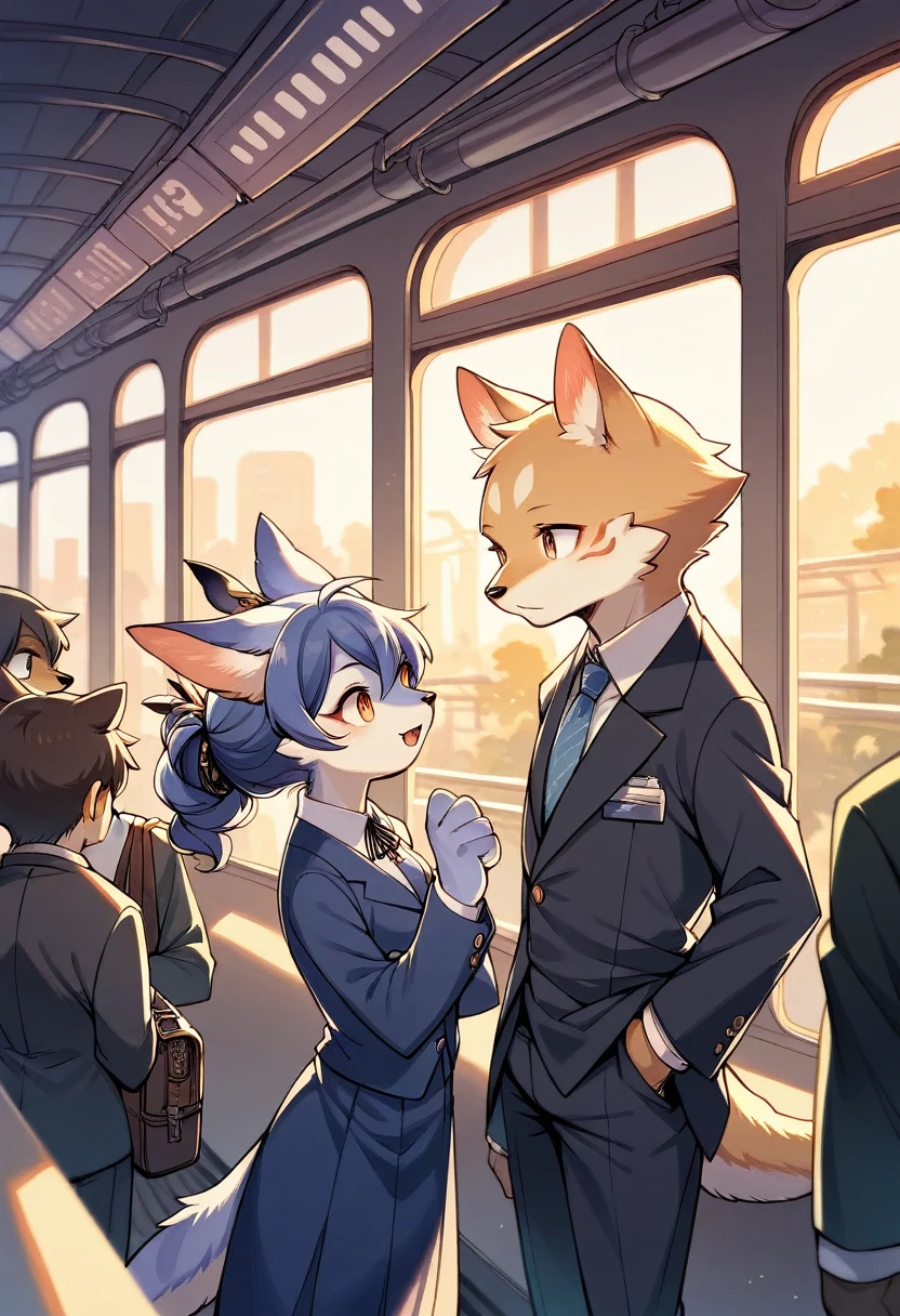 rating_safe, score_9, score_8_up, score_7_up, score_6_up, score_5_up, score_4_up, hires, source_furry(kemono, boy, girl)station, train, salary, suits, evening, perfect anatomy, good lighting,