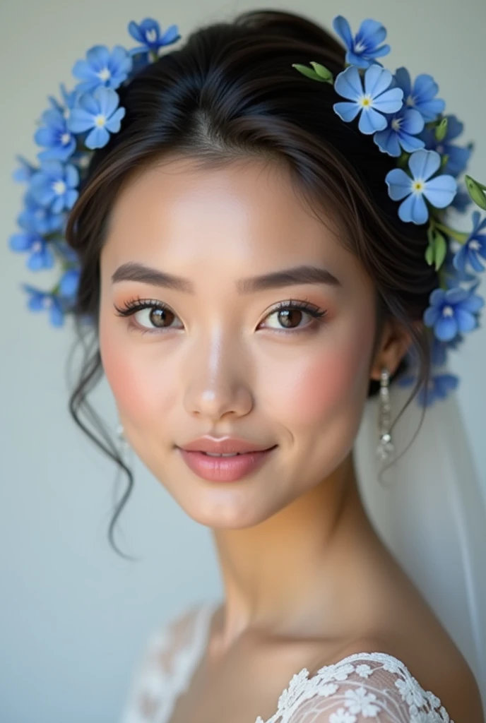Bridal makeup with blue flowers