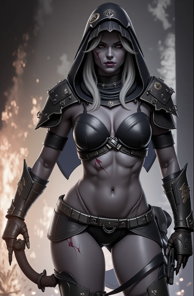 Full body pose sexy sisters of battle from the warhammer 40k, wounded in war, blood covered, shooting at the enemy, red space marine armor with intricate details, white space marine armor with intricate details, symbols on the armor, sisters of battle, warhammer 40k, Massive exposed silicone breast, pale skin, seductive, temptation, eat your soul, clevage, long white flowing hair, long black flowing hair with purple highlights, heavy gothic makeup, at night, neon, beautiful detailed eyes, beautiful detailed lips, extremely detailed eyes and face, long eyelashes, highly detailed space marine armor, intricate futuristic laser weaponry, dramatic lighting, cinematic composition, muted color palette, gritty and realistic, mecha, science fiction, hyper-detailed, photorealistic, award winning digital art, 8k, HDR, masters work, in the middle of a battle field, explosions and fire around, full war, stunning, cinematic, shooting at the enemy