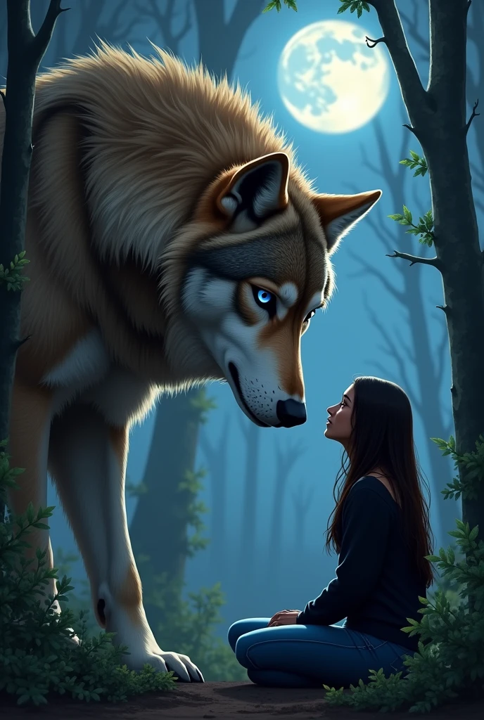 Wolf of enormous size, blue eyes, brown fur, looking face to face at a sitting on the ground in the middle of the forest at night, Brown skin, latina, long straight hair , Dark brown hair, with bright violet eyes. jeans, white shirt with a smart black sweater, looking at each other with love