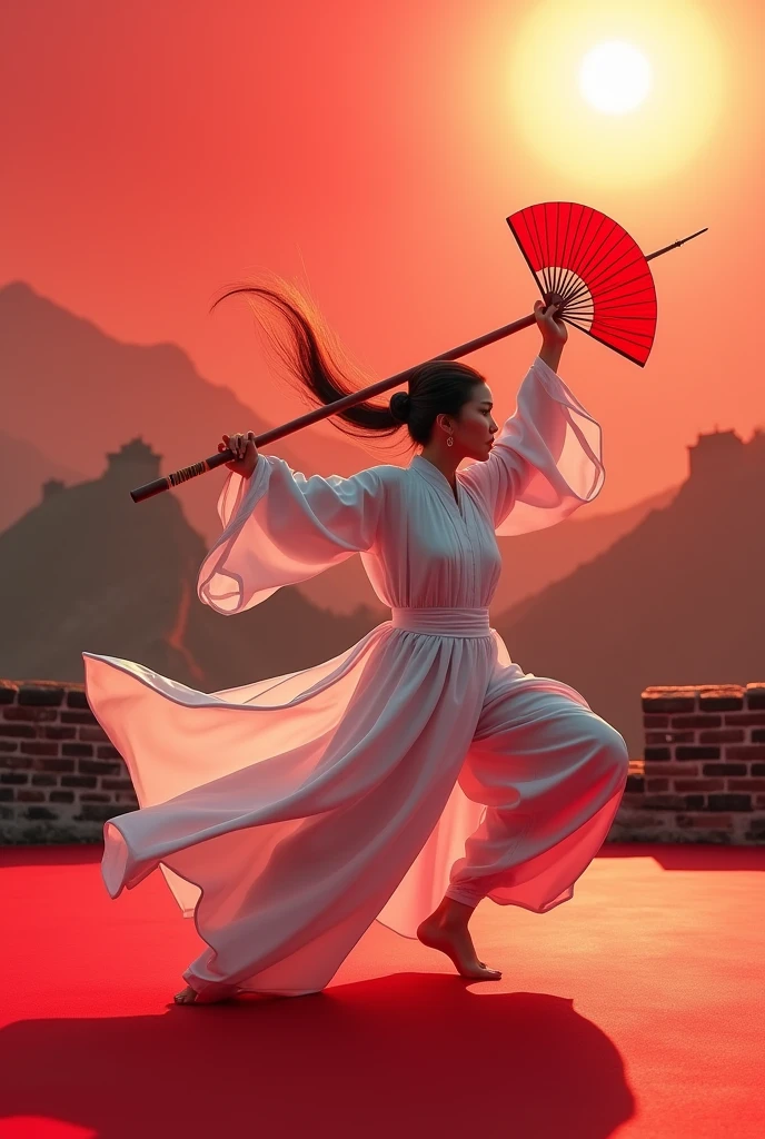 (masterpiece, best quality, beauty, best ratio, best shadows,best Illustration) uhd,china female kungfu, korean beauty like tae yon, full posture fully visible, shining red eyes, windblown hair, wear white cheongsam, sword dancing, left hand holding red traditional half moon fan, and right hand holding long spear, on big red square pallete. noon sky, side light, and great wall seen on far away. use the RenderMan renderer.digital art. High definition, high contrast,high color saturation,128k,cinematic lighting, intricate,cinematic advertising photograph,cinema lens,high res.