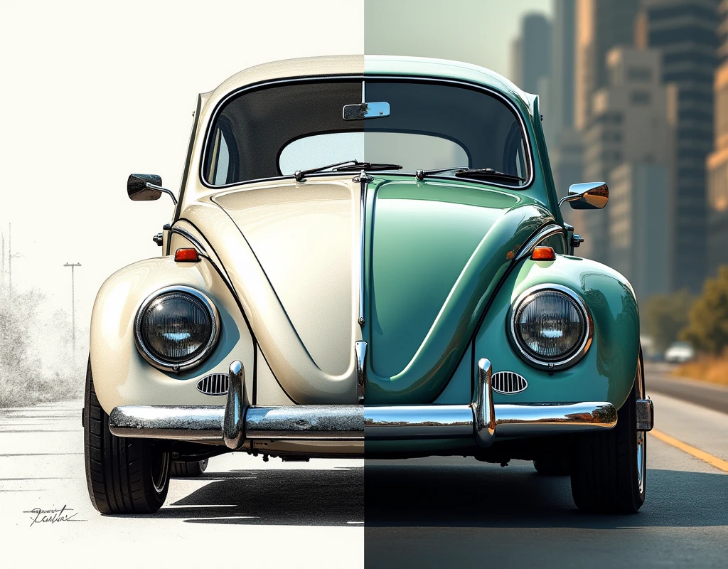 Split screen image, Divided image of [VW Bug]. The right side of the image is a real photo that goes to the left as a simple hand draw sketch, realistic, detailed, dynamic atmosphere