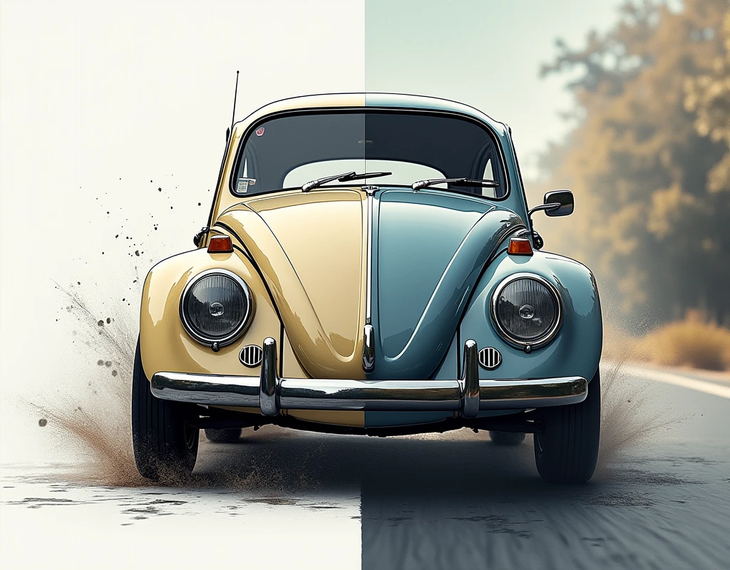 Split screen image, Divided image of [VW Bug]. The right side of the image is a real photo that goes to the left as a simple hand draw sketch, realistic, detailed, dynamic atmosphere