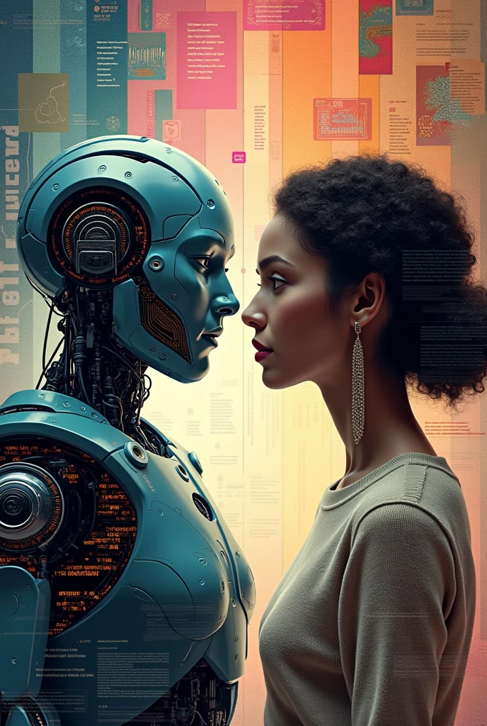 Affiche montrant une comparaison entre l'intelligence artificielle et l'intelligence humaine.
Nuances de couleurs. Sur le côté gauche de l'affiche se trouvent un robot normalement constitué qui représentent l'intelligence artificielle ainsi que des lignes de codage. Sur le côté droit se trouve une humaine avec un pull et avec de longues boucles d'oreilles. Séparation de couleurs dégradés entre les deux. Face à face. Arrière-plan constitué de dégradés de couleurs et de détails diverses et superposés. Chef d'oeuvre. ((Détails))