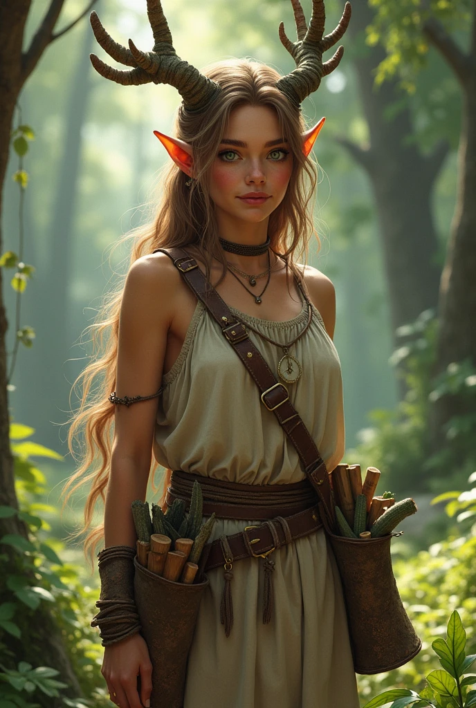 Female human druid character, Tanned skin and light brown hair with light highlights, one green eye and the other brown, mic, mas muito mic, even horns that resemble branches . Has a strong connection with nature. wears a peasant dress , She has a belt where she carries her weapons made from recycled materials that she finds.,  Carry a bag made of tree bark.