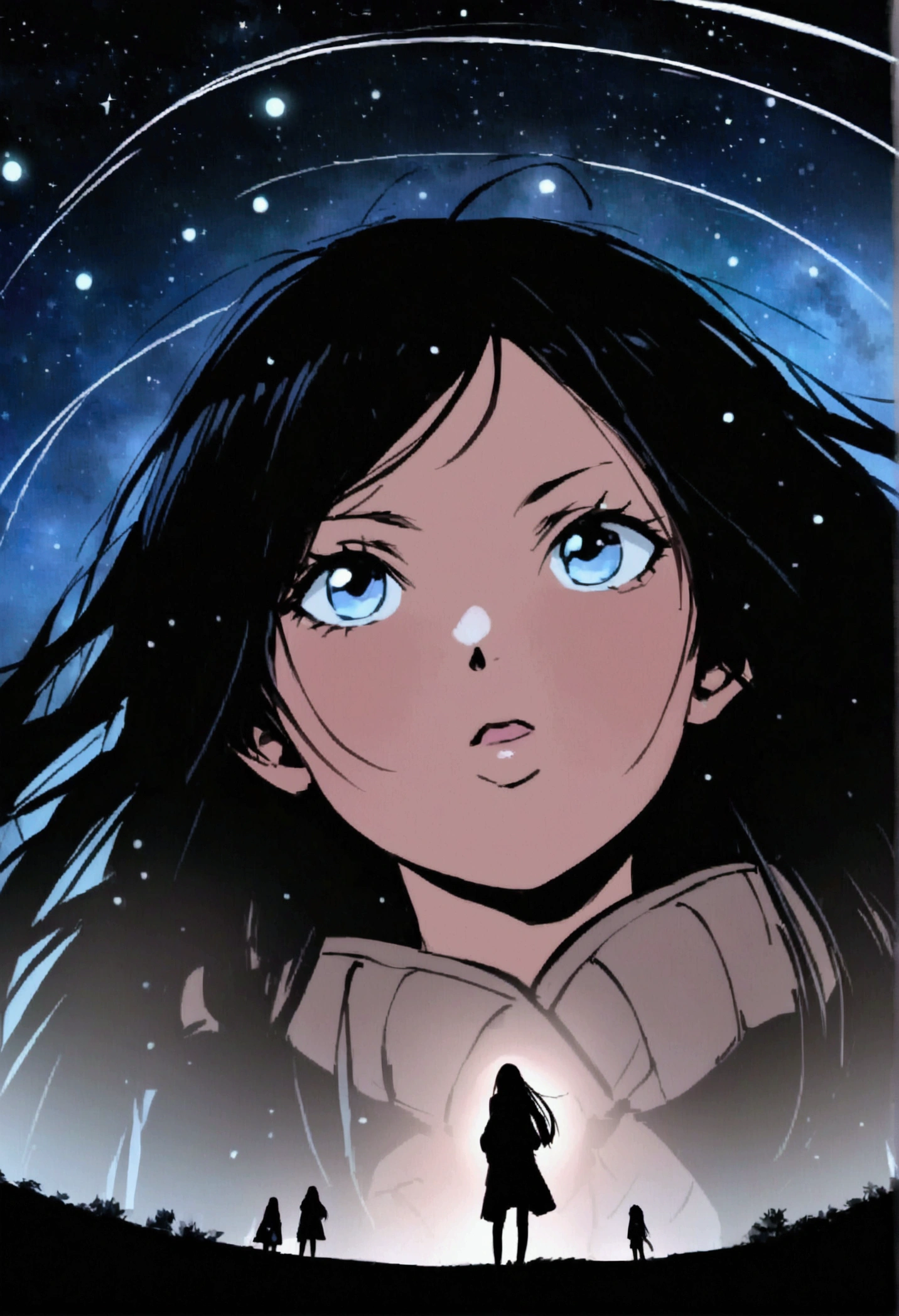 
many stars shining in a beautiful bright winter night sky, long exposure of starry sky with many circular orbits, silhouette of a young woman with long hair with her hands in the pockets of her coat looking up, photo taken from a distance, photo from below