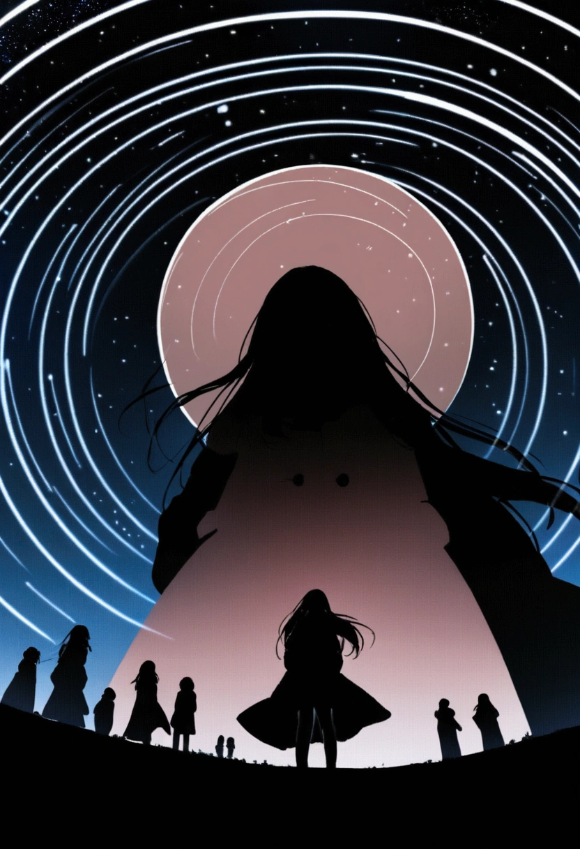 many stars shining in a beautiful bright winter night sky, long exposure of starry sky with many circular orbits, silhouette of a young woman with long hair with her hands in the pockets of her coat looking up, photo taken from a distance, photo from below