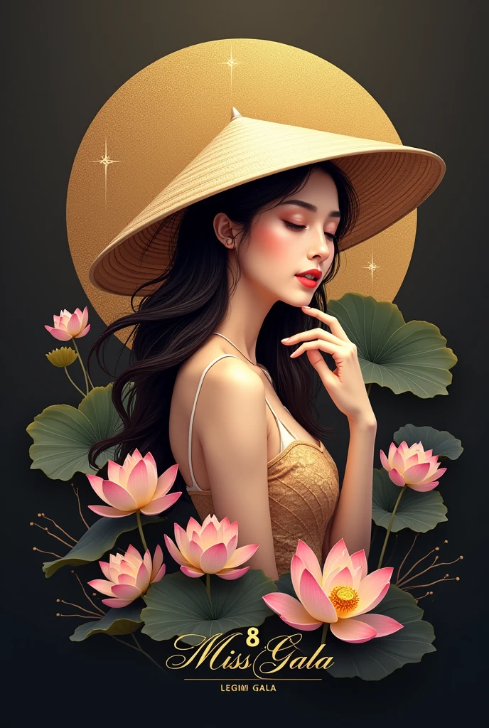 8th Miss Gala logo with Vietnam Hat and Lotus as design realistic and elegant gold 