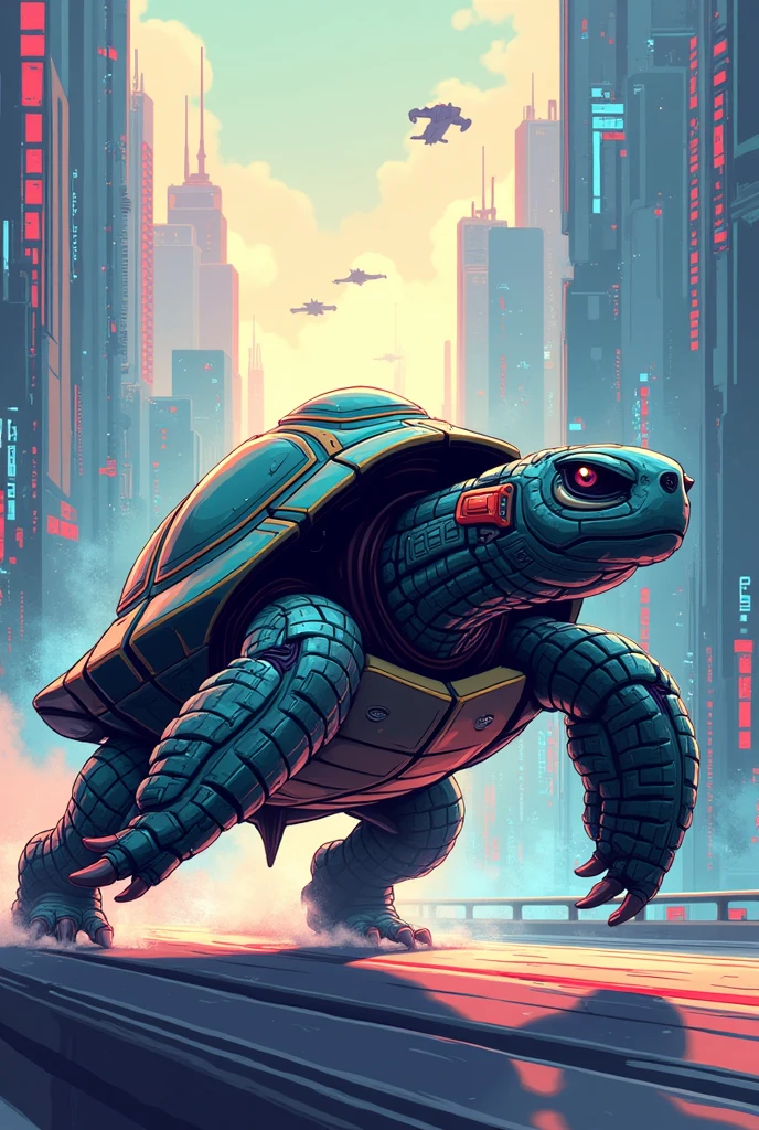 Cartoon illustration of a fast and technological turtle