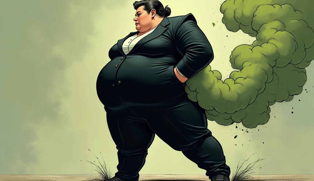 morbidly obese female mob boss in her 20s, wearing a black suit, farting, olive green gas coming out of her backside, comic artstyle