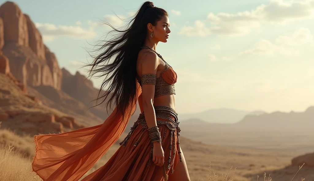 A woman kneels on an arid and barren landscape, her long hair blowing in the windswept envronment, she wears a crown of thorns and her hair exhibits a magical aura. Her expression is one of despair and worry. Her clothing evoke a feel of wealth and royalty, however with simple handmade jewelry. Disturbing, unnerving, creepy, unsettling, cloudy weather. Sublime rendering, extreme detailing, dynamic background, 32k maximalist, fantasy art, sharp lines, masterpiece