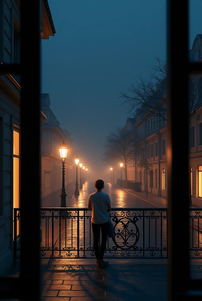 Image of a street at night with beautiful realistic lighting without traffic or people. From the balcony to the street 