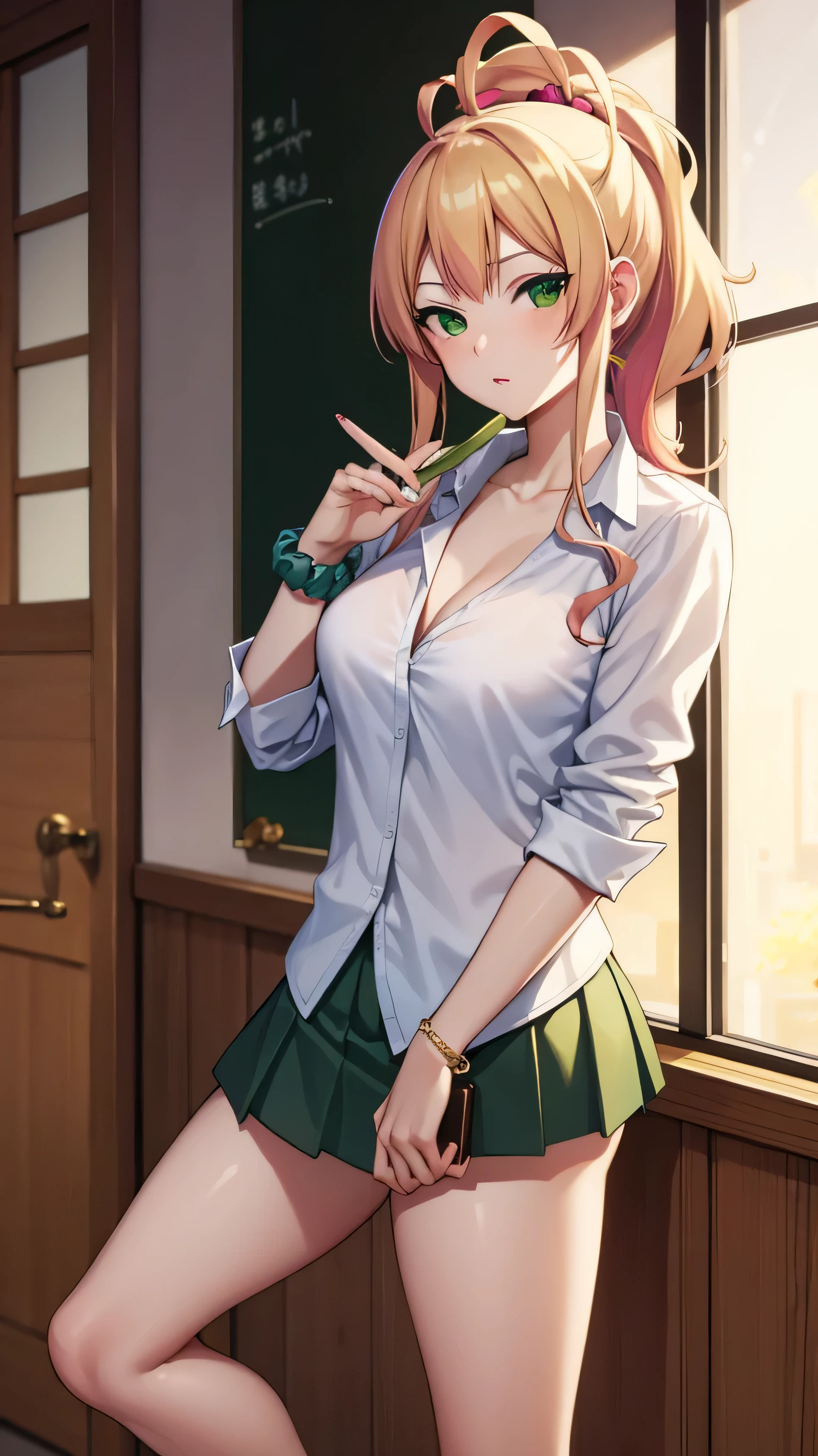 yukanayame, yukana yame, long hair, bangs, blonde hair, hair between eyes, (green eyes:1.5), ponytail, multicolored hair, scrunchie, high ponytail, lipstick, gyaru, kogal, makeup,
BREAK skirt, shirt, jewelry, , collarbone, white shirt, pleated skirt, collared shirt, miniskirt, bracelet, green skirt,
BREAK looking at viewer, full body,
BREAK indoors, classroom,
BREAK (masterpiece:1.2), best quality, high resolution, unity 8k wallpaper, (illustration:0.8), (beautiful detailed eyes:1.6), extremely detailed face, perfect lighting, extremely detailed CG, (perfect hands, perfect anatomy),
