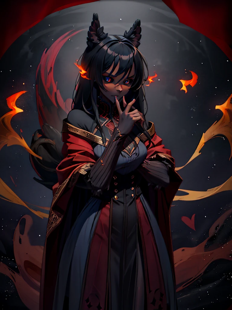 Female, Hellhound girl, black hair, shy girl, Hellhound tail, tall, cobalt blue eyes, dark grey skin, over six foot tall, slim but tall, medieval style winter clothes, heart hands pose