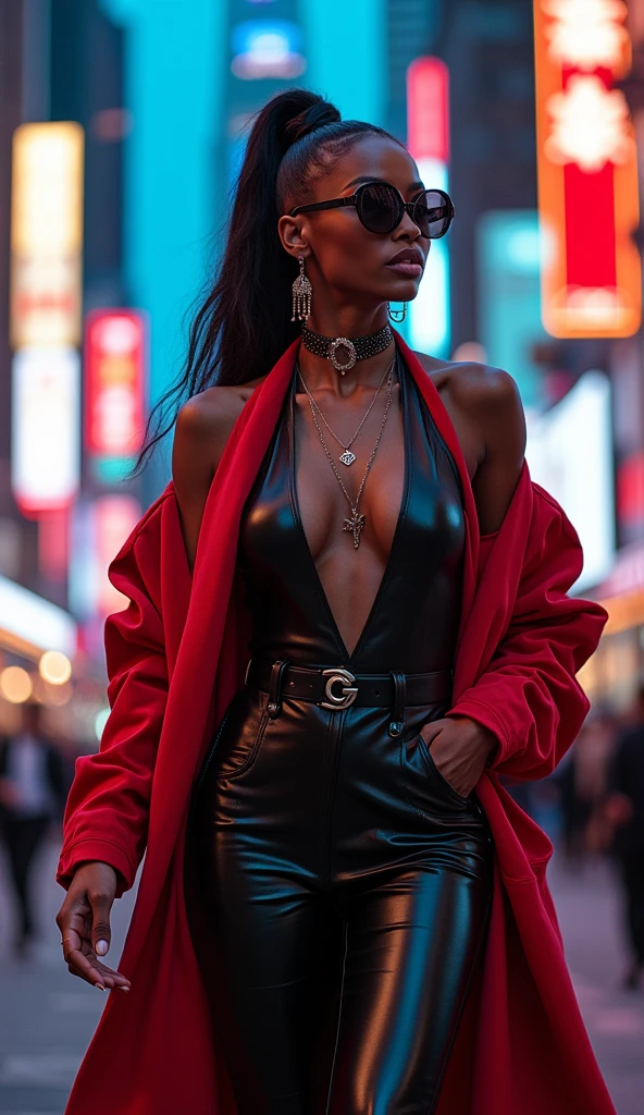 Make a gorgeous black woman high fashion sassy and fabulous baddie girl street wear in the city