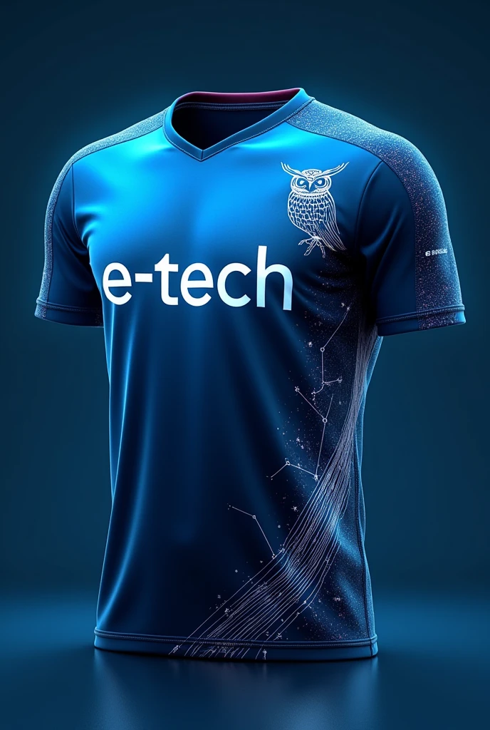 Create a sports shirt in gradient blue;  put the name E-TECH in white font ; create a stylized technological owl in white on the side of the shirt ,place connecting wires on the entire shirt