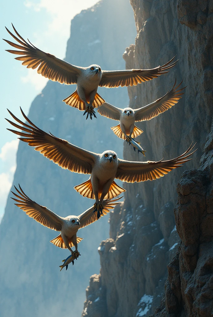 4 eaglets flying towards a cliff with fish in their mouths