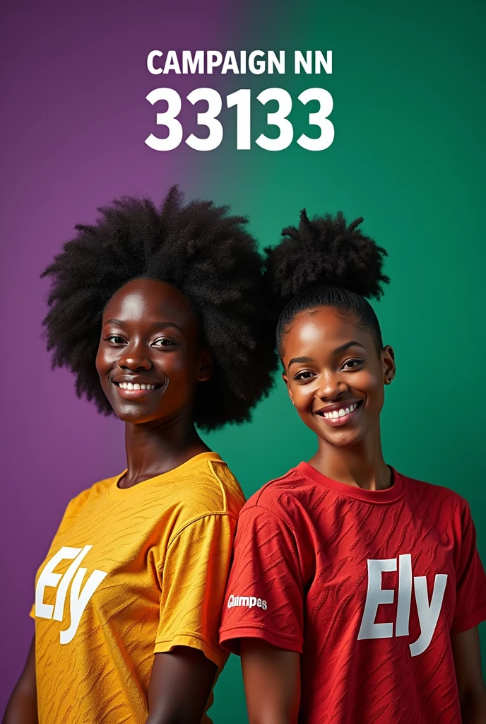 Create image of man and woman with diversity with green and purple colors wearing shirt with the name Ely with the campaign number 33133 highlighted in white at the top