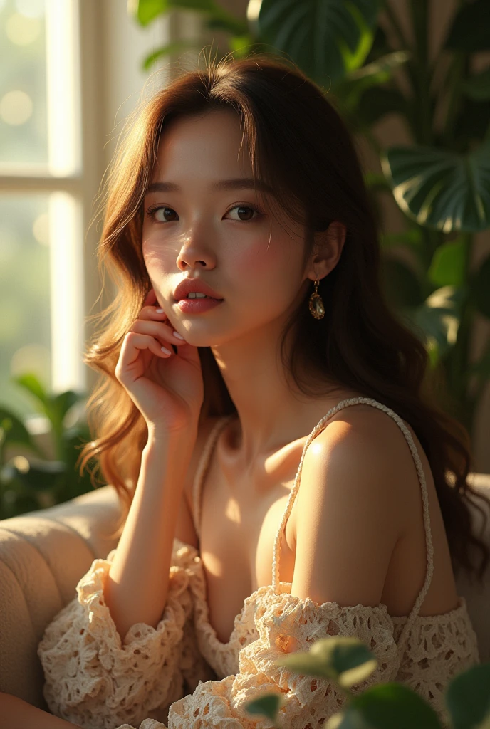 (photorealism:1.2), beautiful woman, indoors, soft lighting, plants in background, window with sunlight, cozy room, relaxed pose, realistic, intricate details, warm colors,