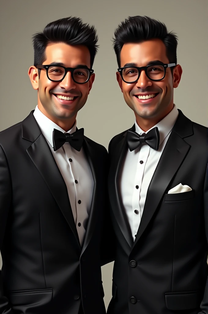 2 Mexican man with dark skin and short curly hair with black glasses, thin and wearing a black tuxedo, smiling and with dimples in his cheeks