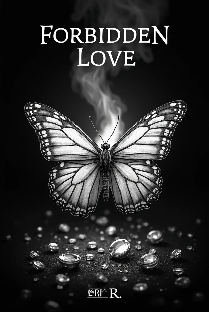in the middle is a butterfly that is burning and in the background there are jewels and it should all be black and white. At the top it says "Forbidden love das Feuer" in large letters and at the bottom it says "Xenia R" in small letters.