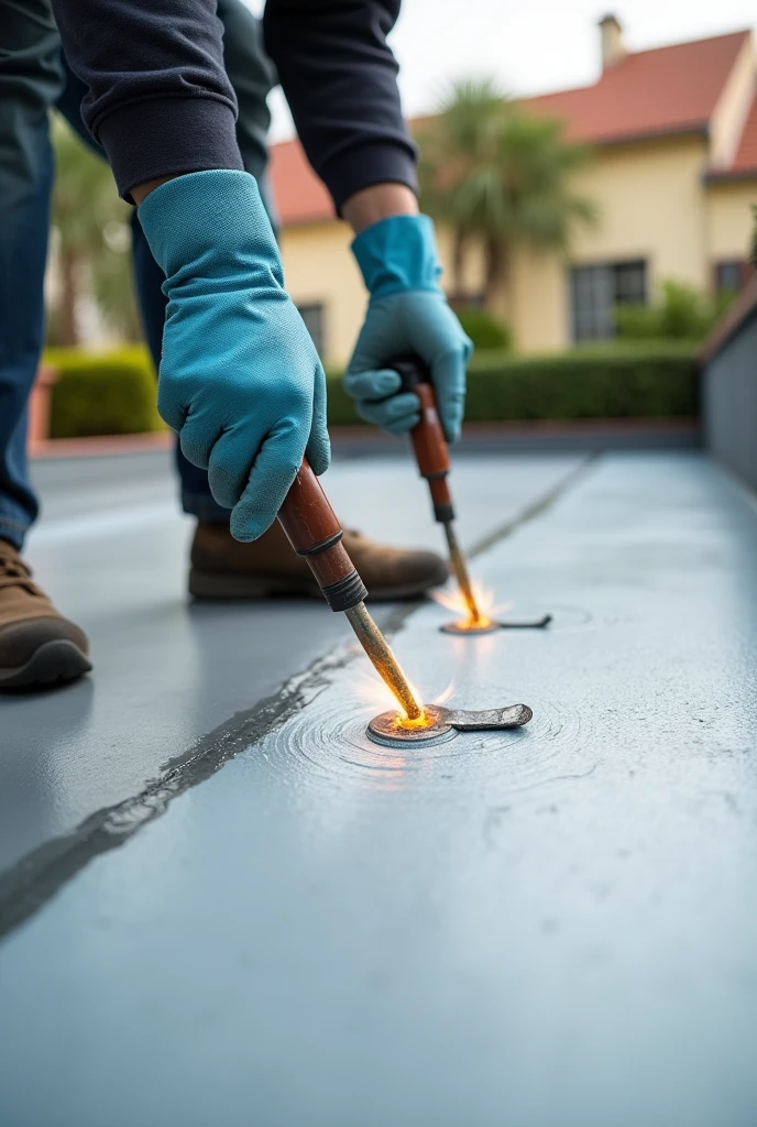 Generate an Instagram post image featuring a person wearing protective gloves and using a torch to waterproof a terrace with a membrane. The image should clearly show the individual applying the membrane to the terrace, highlighting the use of safety gear and the application process. Emphasize the texture and detail of the membrane, and ensure the scene conveys a sense of professionalism and thoroughness. The overall image should be engaging, informative, and designed to attract attention on social media