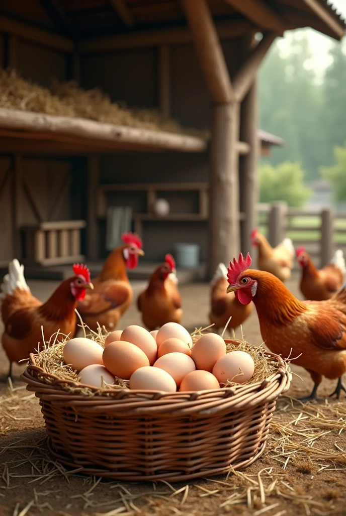 20 Peasant Eggs in a wicker basket, in a shed with 200 Isa Brown breed free-range chickens with a colonial roof and nests filled with straw, 10 chicken feeders