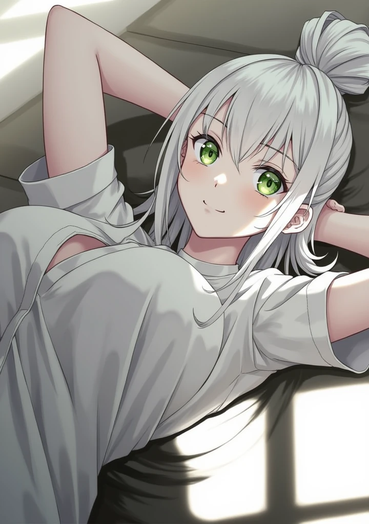 The character in the image has a striking and expressive appearance, combining traits of delicacy and sensuality. She is lying on her back, in a relaxed position, with her hands behind her head. ### Appearance Details: - **Face and Expression**: - The character's face is oval, with a delicate and slightly pointed chin. She has a confident smile and a slightly provocative look, with arched eyebrows that reinforce this expression. Their eyes are large, with detailed irises that can be a vibrant green color, standing out against the skin. - The cheeks are slightly flushed, which can be suggested by a soft pink tone. - **Hair**: - She has long, straight hair, tied into a high, voluminous bun on top of her head. A few loose strands frame the face, adding a touch of softness. The hair color is white, contrasting with the fair skin. - **Attire**: - She wears a shirt that appears to be unbuttoned, revealing part of her breasts, which suggests a relaxed and perhaps a little seductive attitude. The shirt can be a neutral color, such as white or light gray, that harmonizes with your skin tone. - The lower part of her body appears to be covered in shadows, but it appears that she is wearing something minimal, like thin underwear, which could be black or a soft color like light pink. - **Body**: – She has a slender and well-defined body with medium to large breasts. Her skin appears to be fair and smooth, with a pale undertone that could reflect a cream or ivory color. ### Environment: The background of the image suggests an indoor environment, with low lighting, which creates a strong contrast with the character. The surface she is lying on may be tatami or some similar material, possibly in a dark shade, such as brown or moss green. These visual details help form a vivid image of the character, even in black and white. Do it anime style