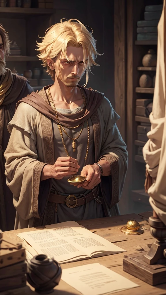 A simple stonecutter, wearing ragged clothes, looks tired and dissatisfied while staring longingly at a wealthy merchant in luxurious robes, surrounded by gold and goods.