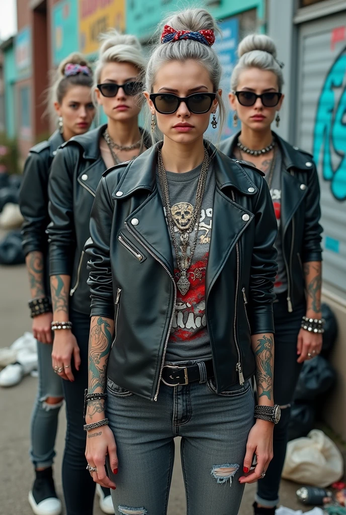 Four russian milf women, one in the foreground . All: sad faces. All grey hair (bouffant, top bun or ponytails), wearing oversized square sunglasses and wide colourful bandana as headbands), with very light green eyes, extremely pale. Big lips. No tan. Wearing aged black moto jackets (zippers on the side). Different old light grey or black t-shirts with skull and boles or rock band logos. All: dark grey or dark blue skinny low rise jeans with holes on knees ( patched with colourful fabric). Some white tennis sneakers, some black Chelsea boots with heels . Lots of thick wide studded bracelets, chain collars and big rings. Tacky wide studded leather belts with big skull and bones oval buckle. Long earrings with chains and feathers. Stretching their necks, craving., Neck, chest, stomach and wrists tattoed. Toned abdominals, thin neck, slim legs and thin arms. Narrow hips and slim legs. Black leather studded tote bags. Graffitied wall behind, waste on the groun and piled garbage bags around.
