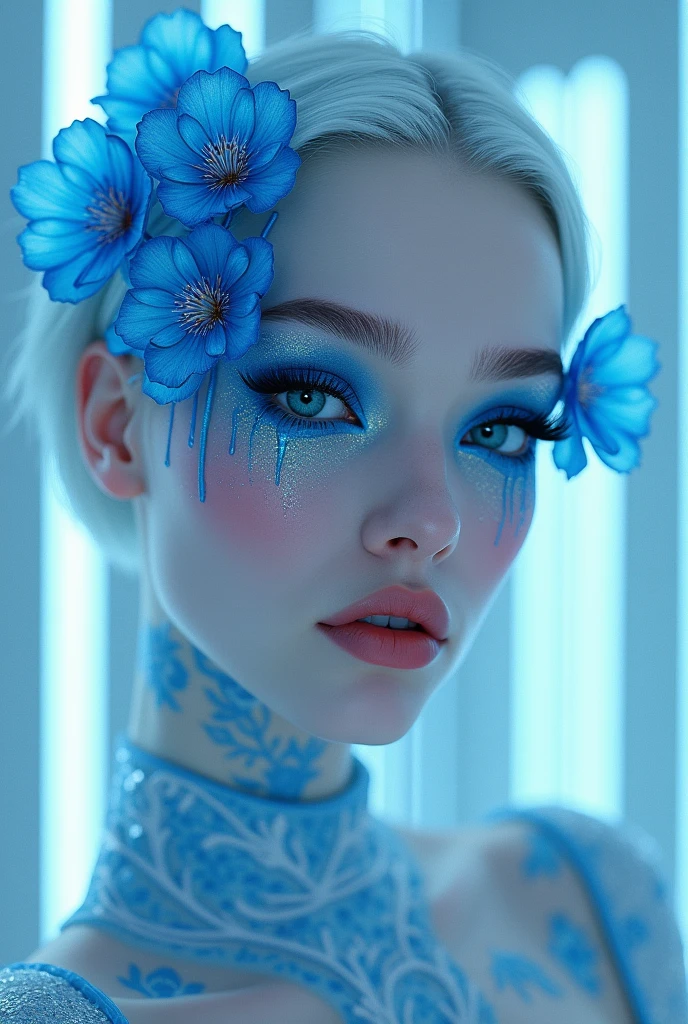 Makeup with blue flowers of the future 