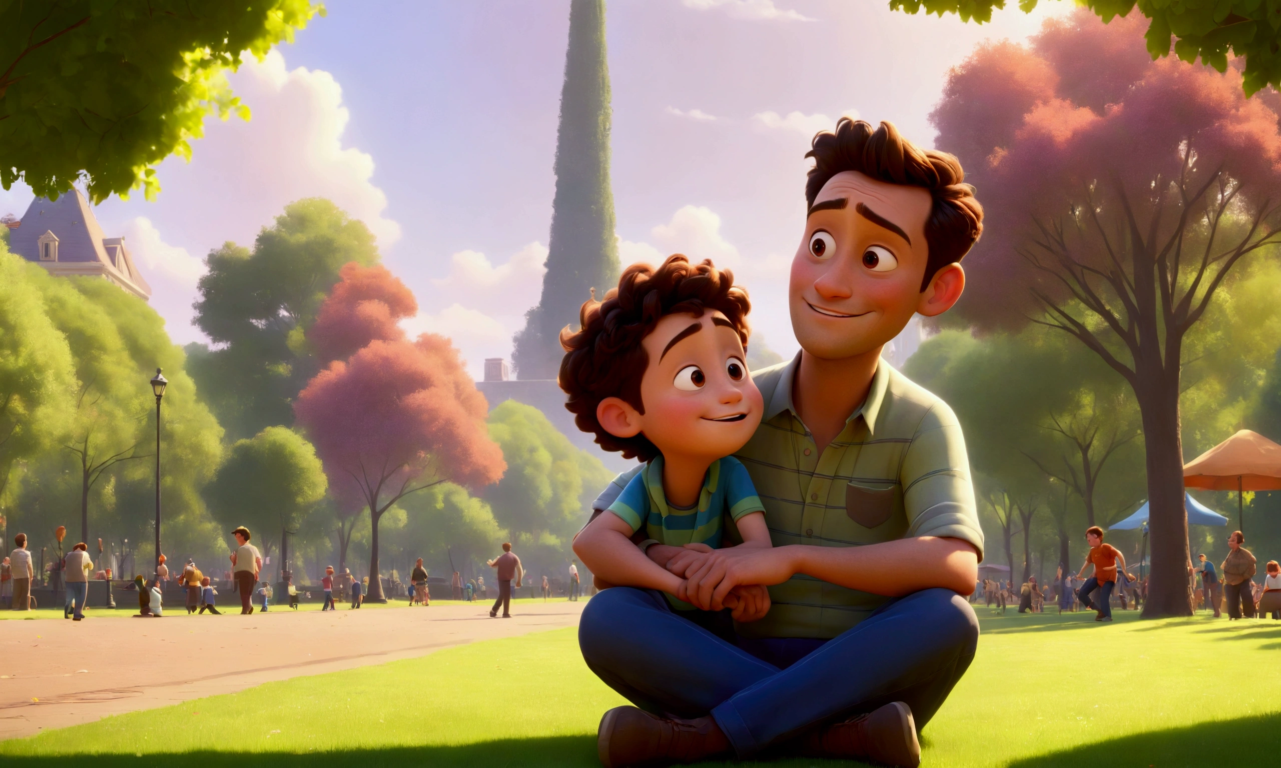 a happy father  with his son, siting in the park, Pixar style