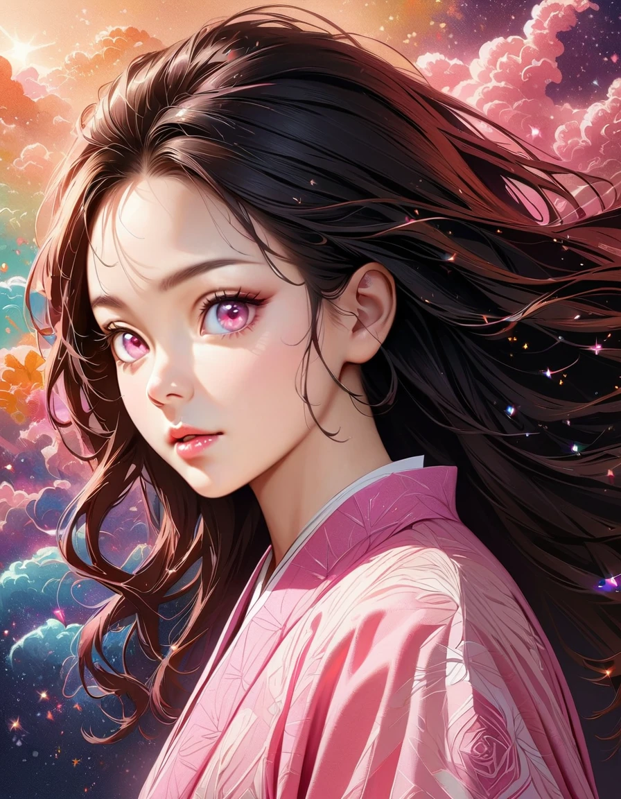 (masterpiece, best quality:1.2), Embossed paper, Solitary，Black LightNezuko from demon slayer. a young woman with long dark hair, (pink eyes), beautiful detailed eyes, beautiful detailed lips, extremely detailed face, longeyelashes, wearing a pink kimono, (best quality,4k,8k,highres,masterpiece:1.2),ultra-detailed,(realistic,photorealistic,photo-realistic:1.37),digital painting,exquisite detail,intricate details,highly detailed,vivid colors,warm lighting,cinematic lighting,dramatic lighting, iridescence, dramatic angle, space, (floating colorful sparkles:1.3), Dramatic Lighting, Chiaroscuro, Evocative Depth, Face Portrait, Close up, ulzzang, (looking at viewer), 
