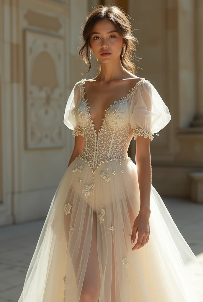 A wedding dress:
Fabric: Silk that enhances your body without being tight, transitioning into netting below the waist.
Fit: The dress shows off your curves while remaining comfortable and not overly tight.
Sleeves: Puff sleeves that are off the shoulders, draping down to the biceps with a trail of netting adorned with pearls hanging from both sleeves.
Neckline: Adorned with pearls, seamlessly integrating into the netting.
Skirt: The silk transitions into netting below the waist, embellished with delicate embroidery of butterflies and pearls.
make the neckline less revealing keep the rest of the dress same