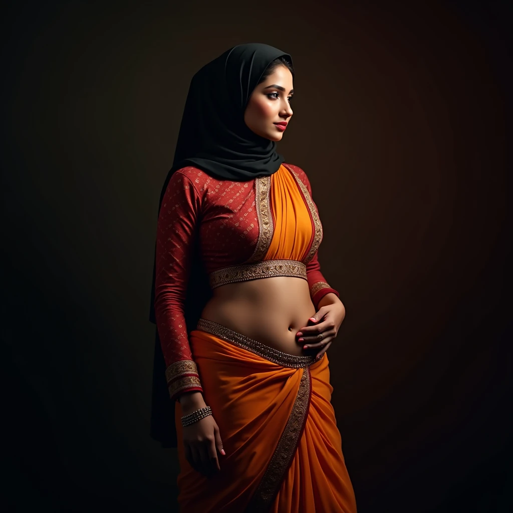 a hot sexy beautiful busty big-breasted traditional bangladeshi bengali hijabi muslim milf covering her head with hijab, wearing saree and a waist chain around her belly, navel visible, intricate detailed portrait, photorealistic, 8k, high quality, vibrant colors, dramatic lighting, cinematic composition
