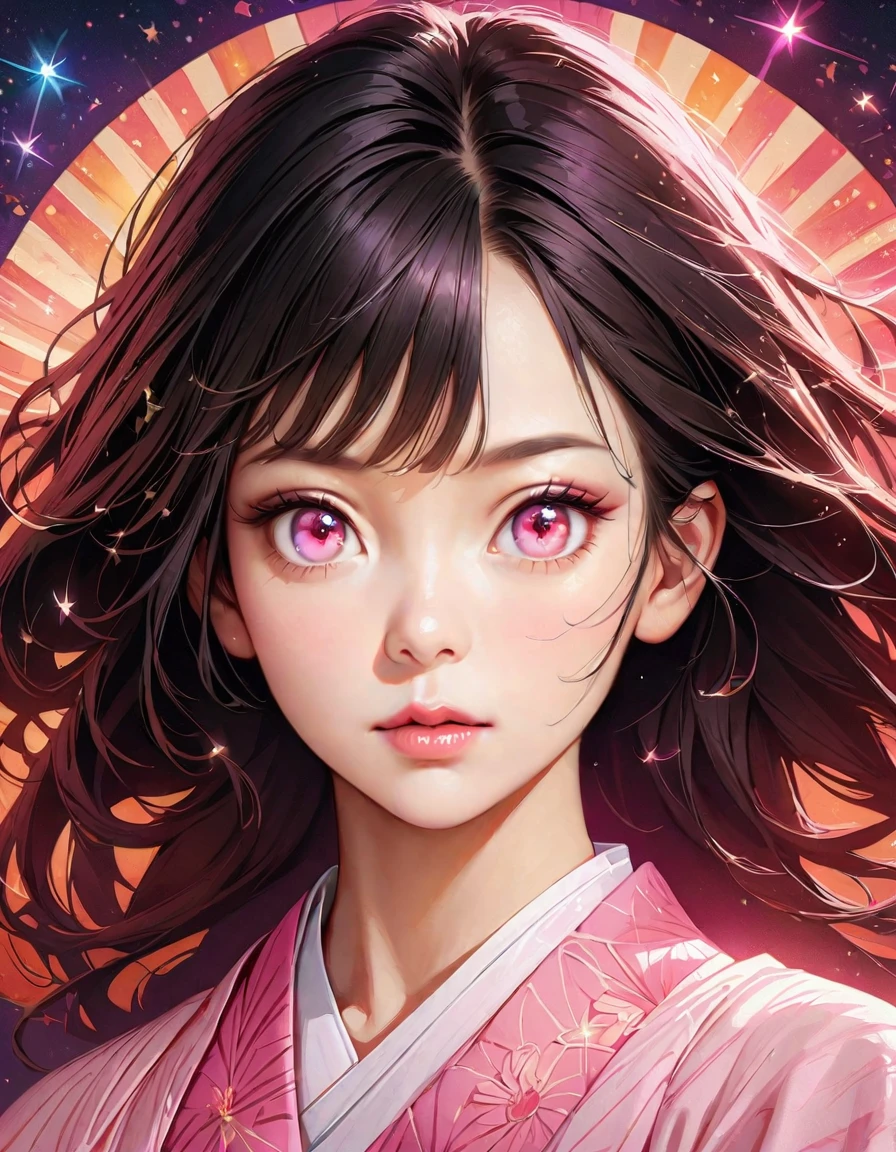 (masterpiece, best quality:1.2), Embossed paper, Solitary，Black LightNezuko from demon slayer. a young woman with long dark hair, (pink eyes), beautiful detailed eyes, beautiful detailed lips, extremely detailed face, longeyelashes, wearing a pink kimono, (best quality,4k,8k,highres,masterpiece:1.2),ultra-detailed,(realistic,photorealistic,photo-realistic:1.37),digital painting,exquisite detail,intricate details,highly detailed,vivid colors,warm lighting,cinematic lighting,dramatic lighting, iridescence, dramatic angle, space, (floating colorful sparkles:1.3), Dramatic Lighting, Chiaroscuro, Evocative Depth, Face Portrait, Close up, ulzzang, (looking at viewer), 
