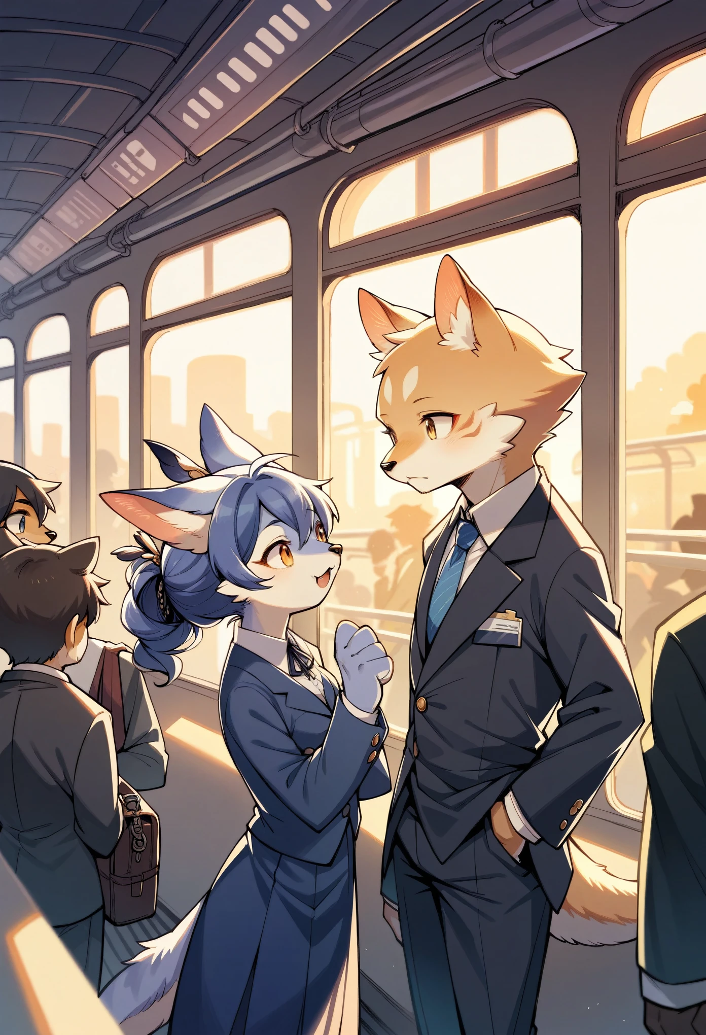 rating_safe, score_9, score_8_up, score_7_up, score_6_up, score_5_up, score_4_up, hires, source_furry(kemono, boy, girl)station, train, salary, suits, evening, perfect anatomy, good lighting,