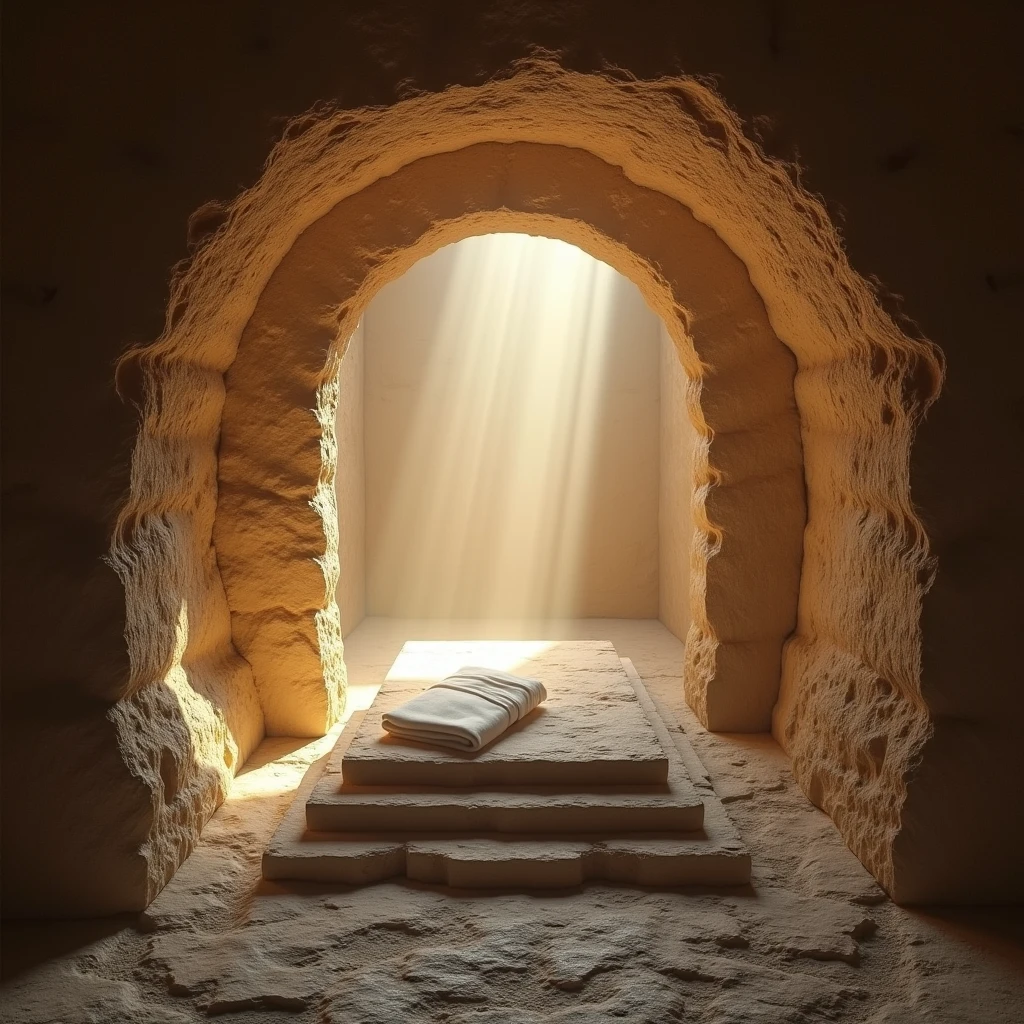 the tomb of Jesus Christ empty, carved in stone, with the stone bed having a folded sheet where the head was, with a beam of sunlight illuminating the sheet directly and indirectly the rest of the tomb from within. Small tomb, everything inside is made of stone, having an open rounded passage through which sunlight enters, the rough stone floor and a short three-step staircase to descend upon entering the cave-like tomb