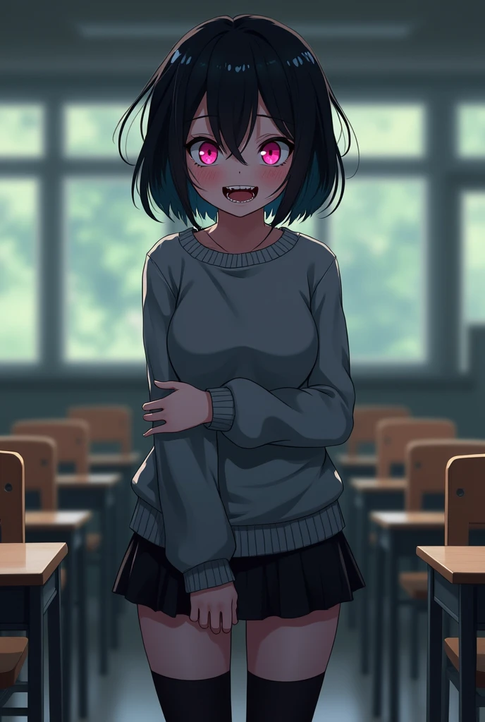 ((Masterpiece)), ((Highress)), ((Ultra HD)), (Anime-style), (One girl), (Standing), (Yandere), (Short and messy hair), (Black hair), (Eye bags under eyes), (Unsettling smile), (Showing fangs), (Wide eye), (Small pupil), (Small iris), (Pink eyes), (Gray sweater), (Short black skirt), (Both hands crossed under chest), (Black thigh highs), (Huge breasts), (Thick thighs), (Voluptuous body), (Classroom background)