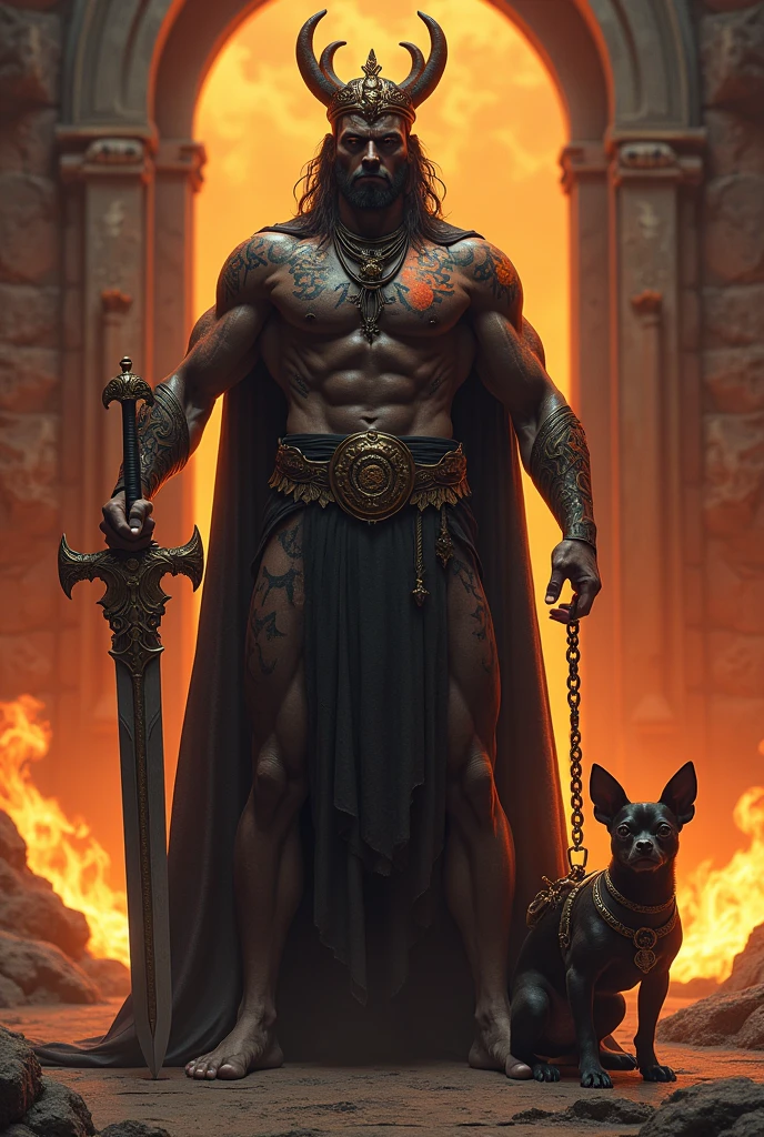 (photorealism:1.2), built up hades, dark fiery skin wearing a black and gold crown, gateway of the greek underworld, fire tattoos on torso and arms, hard lighting, fire and lava in background, holding a big sword in one hand, and on the other hand holding a giant three-headed chihuahua with a strong chain leash, the chihuaha have three heads, steady pose, realistic, intricate details, warm colors