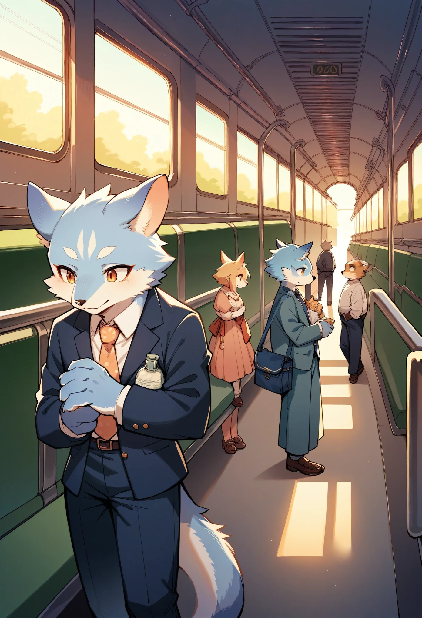 rating_safe, score_9, score_8_up, score_7_up, score_6_up, score_5_up, score_4_up, hires, source_furry(kemono, boy, girl)station, train, salary, suits, evening, perfect anatomy, good lighting,